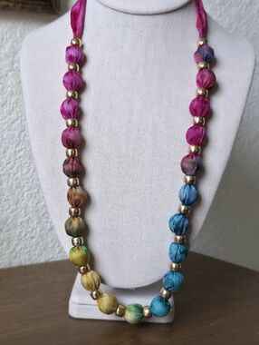 Tie Dye Rainbow Multicolor Silk Bead Necklace with Gold Tone Accents